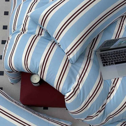 Retro Jersey Knit Blue Stripe Queen Bedding Set with Pillowcases & Fit