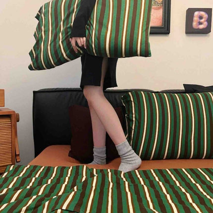 Retro Jersey Knit Stripe Queen Duvet Cover Set with Pillowcases &