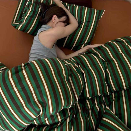 Retro Jersey Knit Stripe Queen Duvet Cover Set with Pillowcases &