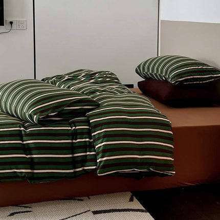 Retro Jersey Knit Stripe Queen Duvet Cover Set with Pillowcases &