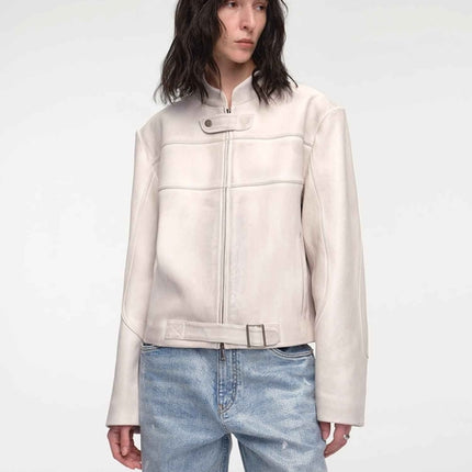 Retro Sheepskin Stand Collar Short Motorcycle Jacket “Caramel
