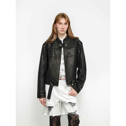 Retro Sheepskin Stand Collar Short Motorcycle Jacket “Caramel