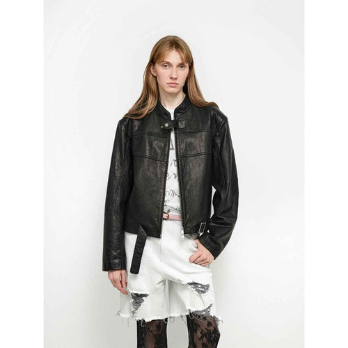Retro Sheepskin Stand Collar Short Motorcycle Jacket “Caramel