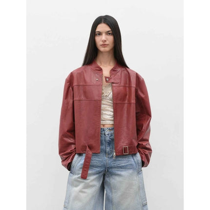 Retro Sheepskin Stand Collar Short Motorcycle Jacket “Caramel