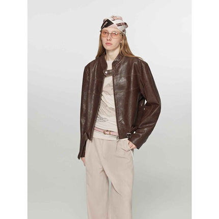 Retro Sheepskin Stand Collar Short Motorcycle Jacket “Caramel