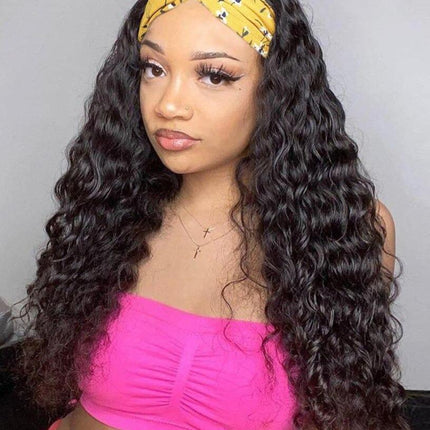 Headband Wig Water Wave Human Hair Scarf Wig No GLUE Easy Wear