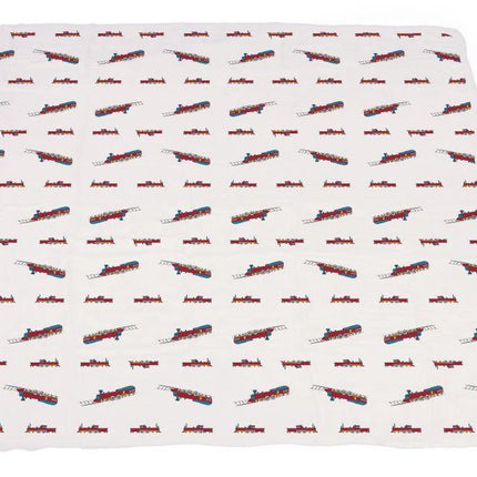 Vintage Steam Trains and Blue Stripe Bamboo Muslin Newcastle Blanket