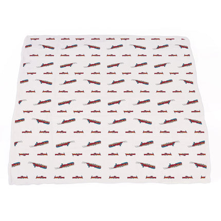 Vintage Steam Trains and Blue Stripe Bamboo Muslin Newcastle Blanket