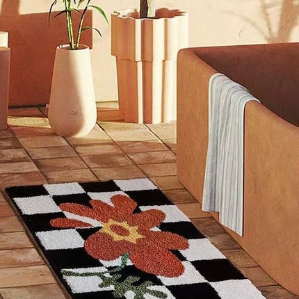 Soft Contemporary Floral Checker Bath Rug, Absorbent, Anti-slippery