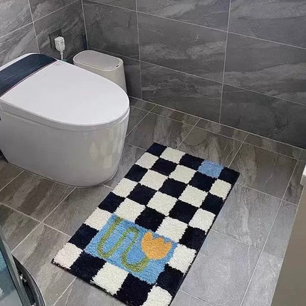 Soft Contemporary Floral Checker Bath Rug, Absorbent, Anti-slippery