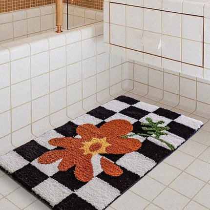 Soft Contemporary Floral Checker Bath Rug, Absorbent, Anti-slippery