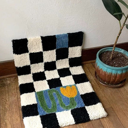 Soft Contemporary Floral Checker Bath Rug, Absorbent, Anti-slippery