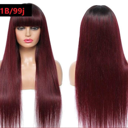 #1B/99J Brazilian Straight Human Hair Wigs with Bangs #99J No Glue Wig