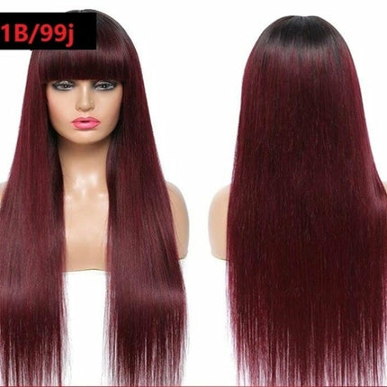 #1B/99J Brazilian Straight Human Hair Wigs with Bangs #99J No Glue Wig
