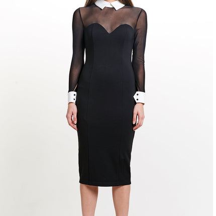 Tuxedo Illusion Sheath Dress - Long Sleeve Midi Dress, Black & White