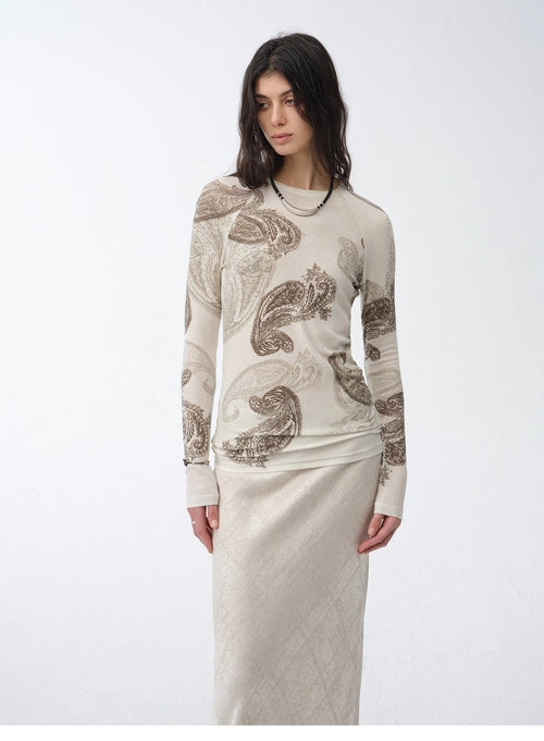 Tencel wool original cashew print round neck slim long sleeve and