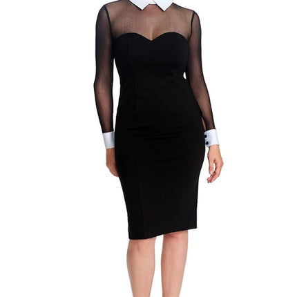 Tuxedo Illusion Sheath Dress - Long Sleeve Midi Dress, Black & White