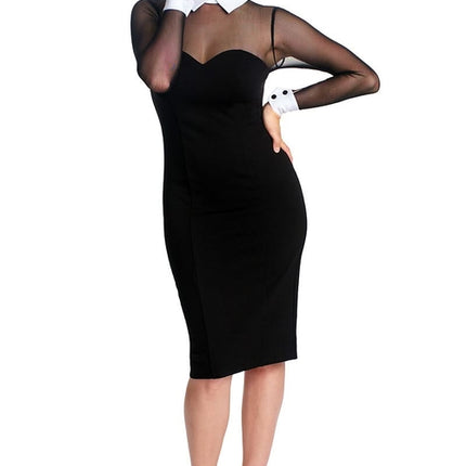 Tuxedo Illusion Sheath Dress - Long Sleeve Midi Dress, Black & White