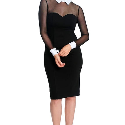 Tuxedo Illusion Sheath Dress - Long Sleeve Midi Dress, Black & White