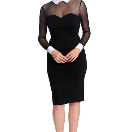 Tuxedo Illusion Sheath Dress - Long Sleeve Midi Dress, Black & White