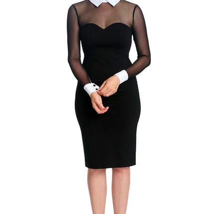 Tuxedo Illusion Sheath Dress - Long Sleeve Midi Dress, Black & White