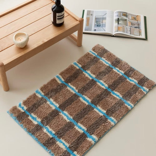 Ultra Soft Retro Earthy Tone Checker Bath Rug, Absorbent Mat