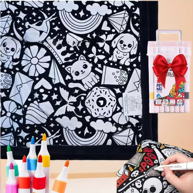 Coloring Blanket with 24 Colored Markers Creative Personalization Pattern Blanket Stress Relief Unique Paint Art Decor Gift