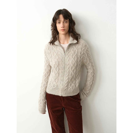 Vintage warm flower pattern basic top mohair wool cable blend zipper