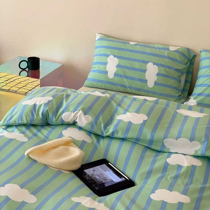 Whimsical Cute Cloud Stripe Queen Size Cotton Duvet Cover Set With Pil