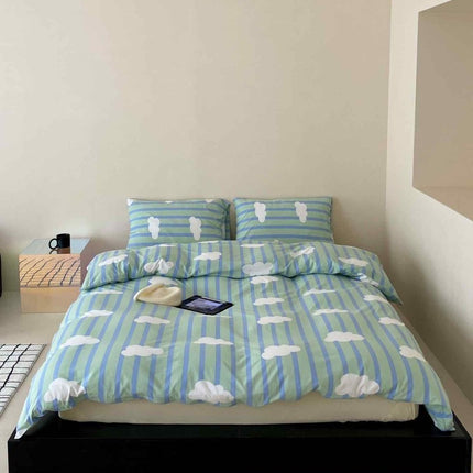Whimsical Cute Cloud Stripe Queen Size Cotton Duvet Cover Set With Pil
