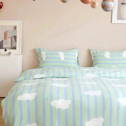 Whimsical Cute Cloud Stripe Queen Size Cotton Duvet Cover Set With Pil