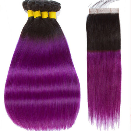 Purple 10A Grade Silver #1B/ purple  3/4 Straight BUNDLES with CLOSURE
