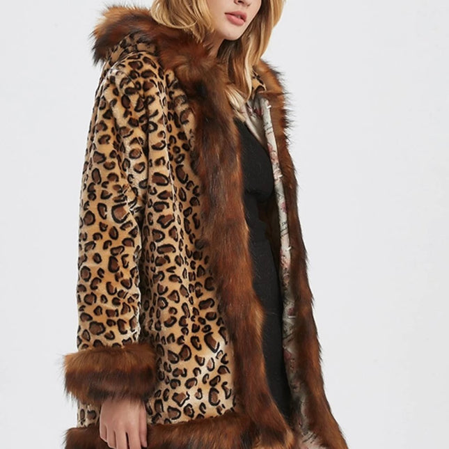 Womens Leopard Print Hooded Faux Fur Collar Jacket