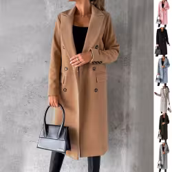 Double Breasted Lapel Coat Winter Fashion Solid Slim Long Jacket Long Sleeve Tops Womens Clothing