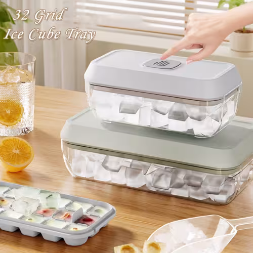 32 Grid Silicone Ice Cube Tray Mould With Lid Shovel Storage Box Remove With One Click Ice Maker DIY Whiskey Cocktail Tools Summer Kitchen Gadgets