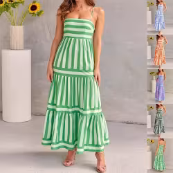 Summer Striped Printed Suspender Long Dress With Pockets Fashion Square Neck Backless Dresses For Beach Vacation Women Clothing