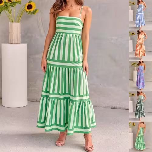 Summer Striped Printed Suspender Long Dress With Pockets Fashion Square Neck Backless Dresses For Beach Vacation Women Clothing