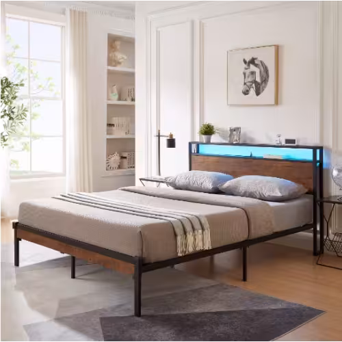 Queen Size Metal Platform Bed Frame With Wooden Headboard And Footboard With USB LINER