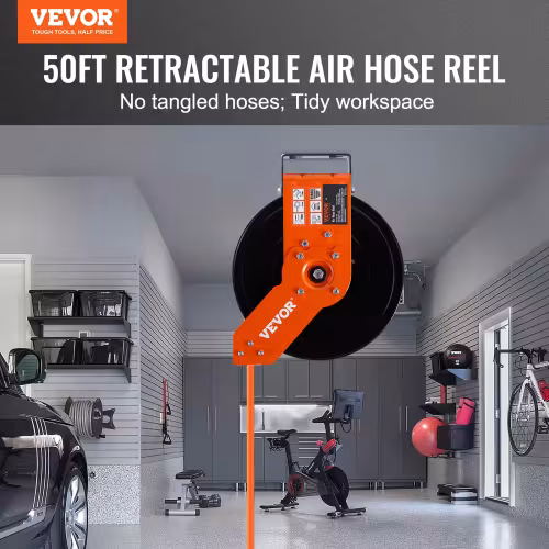 VEVOR Retractable Air Hose Reel, 50 FT Hybrid Air Hose Max 300PSI, Air Compressor Hose Reel With 5 Ft Lead In, Ceiling Wall Mount Heavy Duty Single Arm Steel Reel