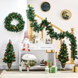 HOMCOM Prelit Holiday Christmas 4-Piece Set, Garland Wreath And Set Of 2 Entrance Trees With Warm White LED Lights, Red Berries, Pine Cones, Green HOMCOM Prelit Holiday Christmas 4-Piece Set, Garland Wreath And Set Of 2 Entrance Trees With Warm White LED Lights, Red Berries, Pine Cones, Green