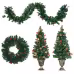 HOMCOM Prelit Holiday Christmas 4-Piece Set, Garland Wreath And Set Of 2 Entrance Trees With Warm White LED Lights, Red Berries, Pine Cones, Green HOMCOM Prelit Holiday Christmas 4-Piece Set, Garland Wreath And Set Of 2 Entrance Trees With Warm White LED Lights, Red Berries, Pine Cones, Green