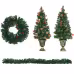 HOMCOM Prelit Holiday Christmas 4-Piece Set, Garland Wreath And Set Of 2 Entrance Trees With Warm White LED Lights, Red Berries, Pine Cones, Green