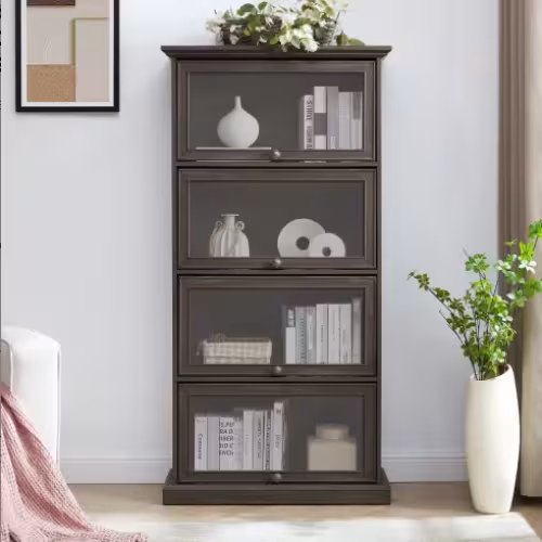 Glass Display Cabinet 4 Tier Glass Display Cabinet Storage Curio Cabinet With Flip Up Glass Doors, Collectors Showcase Toy Organizers Rack, Bookcase For Living Room BRO