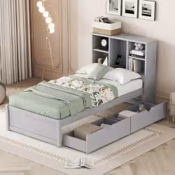 Modern Twin Size Bed Frame With Built-in USB Port On Bookcase Headboard And 2 Drawers For Grey Color Modern Twin Size Bed Frame With Built-in USB Port On Bookcase Headboard And 2 Drawers For Grey Color