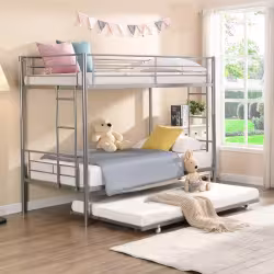 METAL BUNK BED WITH TRUNDLE SILVER METAL BUNK BED WITH TRUNDLE SILVER