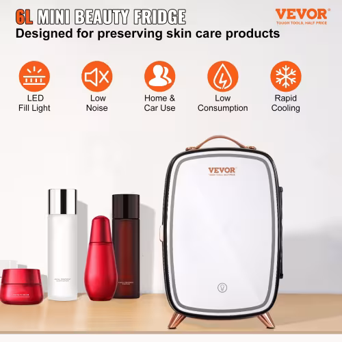 Vevor Mini Fridge, 6L Skincare Fridge With LED Light And HD Mirror, AC DC Makeup Fridges For Skin Care, Cosmetic Storage, Chill Face Mask Drink, Small Refrigerator For Bedroom Dorm Desktop, Black