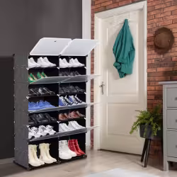 2 Rows, 7 Layers, 14 Compartments, Semi Transparent Doors, Black Patterned Cabinet Body