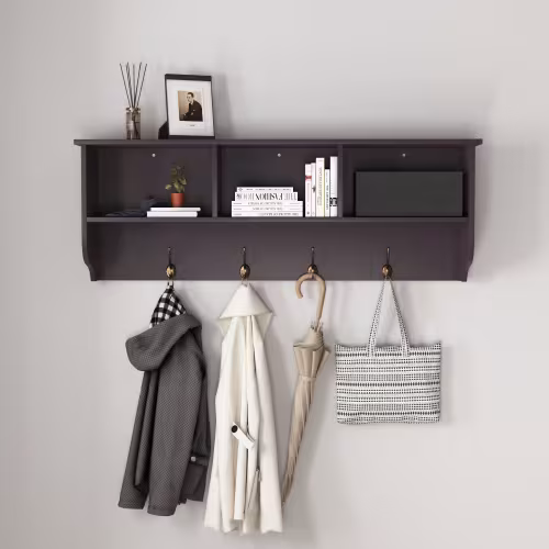 Espresso Entryway Wall Mounted Coat Rack With 4 Dual Hooks Living Room Wooden Storage Shelf
