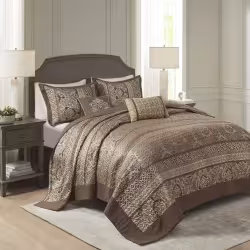 5 Piece Reversible Jacquard Bedspread Set Brown Gold King