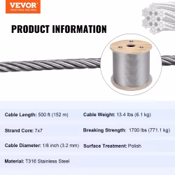 VEVOR Stainless Steel Cable Railing 500ft, Wire Rope 316 Marine Grade, Braided Cable 7x7 Strands Construction For Deck Rail Balusters Stair Handrail Porch Fence VEVOR Stainless Steel Cable Railing 500ft, Wire Rope 316 Marine Grade, Braided Cable 7x7 Strands Construction For Deck Rail Balusters Stair Handrail Porch Fence
